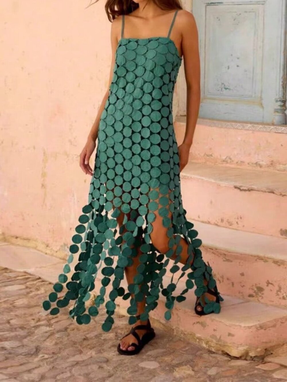 Green Sexy Women's Beach Slip Spaghetti Straps 3D Fringe Hem Midi Dress
